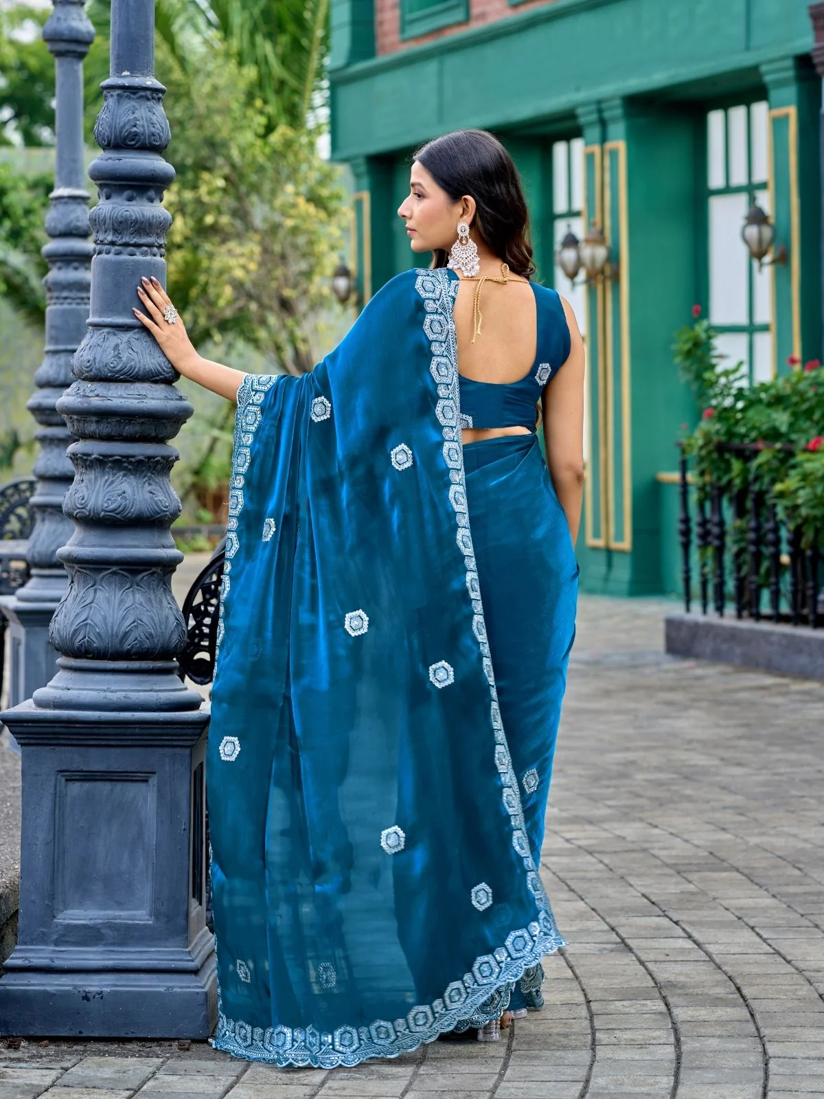 Odette Teal Blue Chiffon Embellished Saree For Women - Image 3