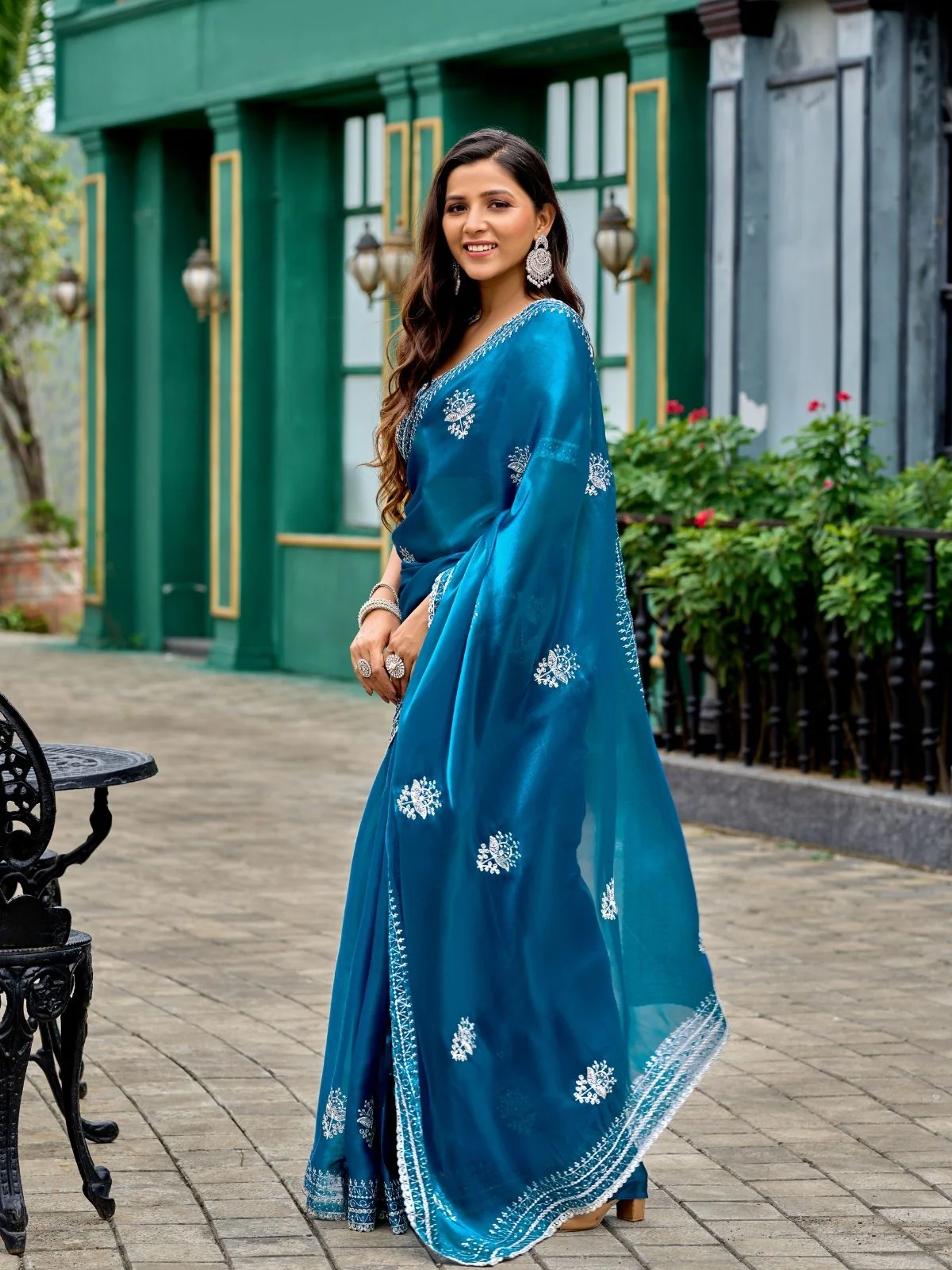 Odette Teal Blue Chiffon Embroidered Saree For Women - Image 2