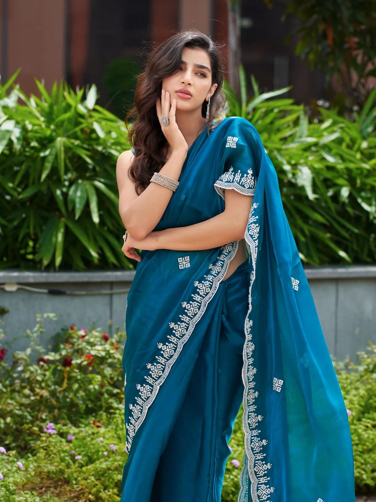 Odette Teal Blue Chiffon Embroidered Saree For Women - Image 6