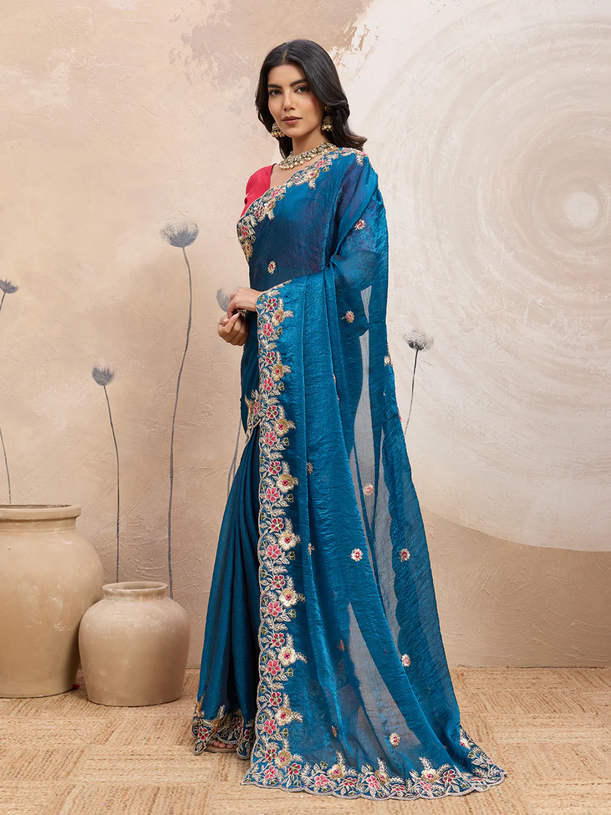 Odette Teal Blue Chiffon Embroidered Saree For Women - Image 2
