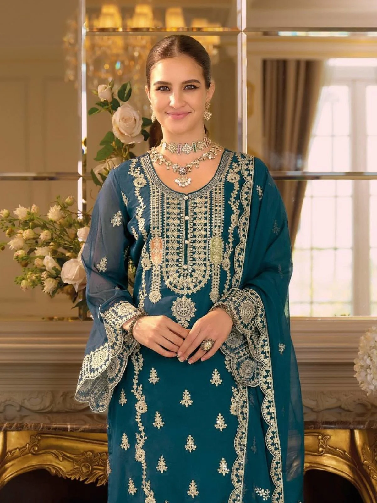 Odette Teal Blue Chinon Embellished Semi Stitched Kurta Set For Women - Image 2