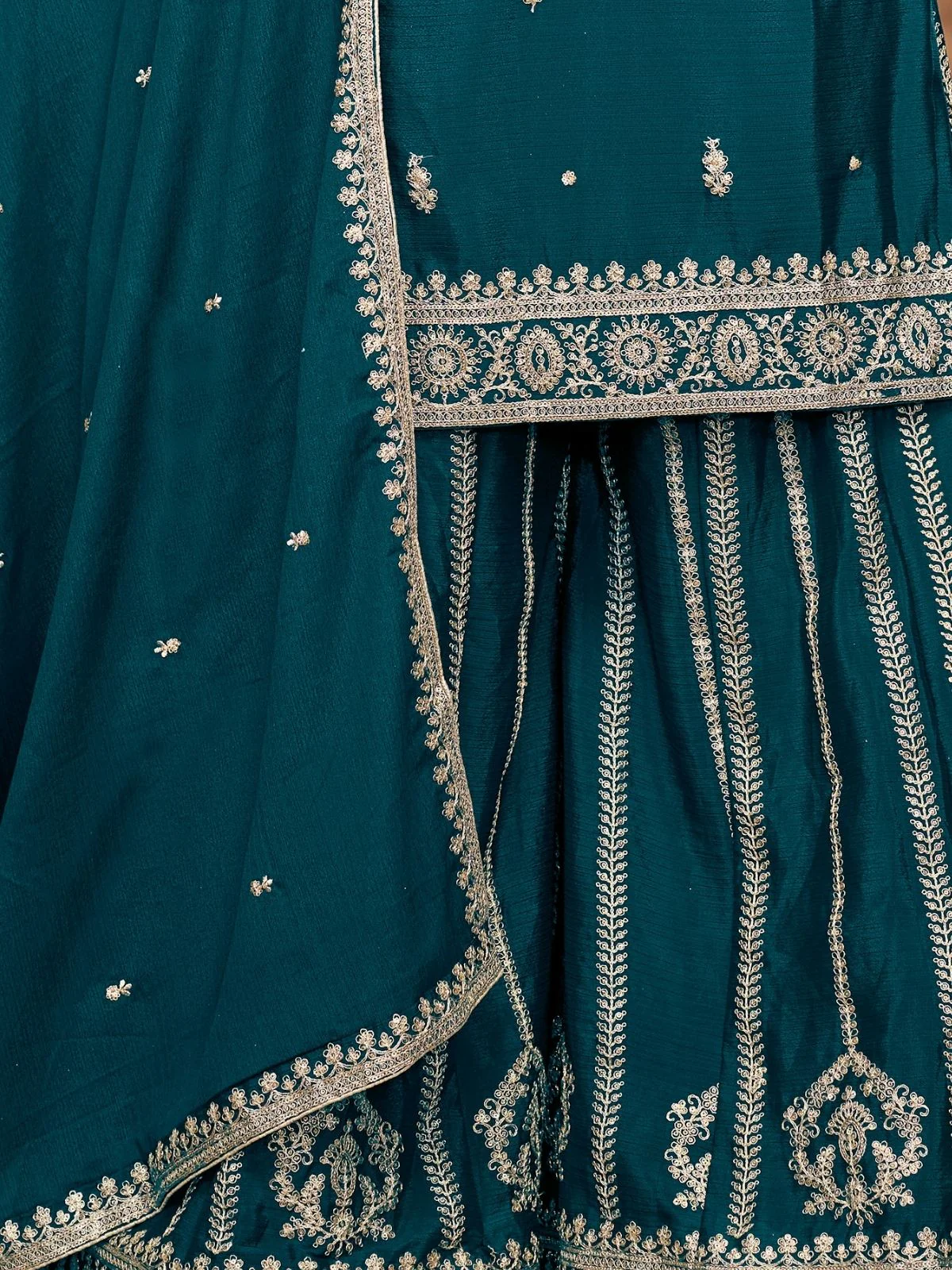 Odette Teal Blue Chinon Embroidered Semi-Stiched Kurta Set For Women - Image 5