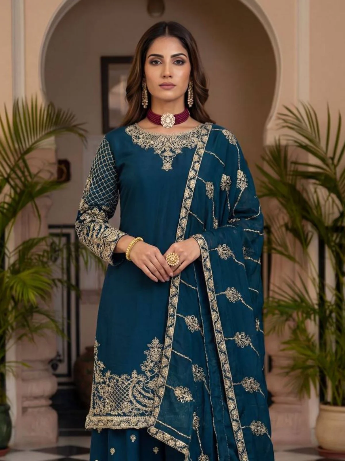 Odette Teal Blue Chinon Solid Stitched Kurta Set For Women - Image 4