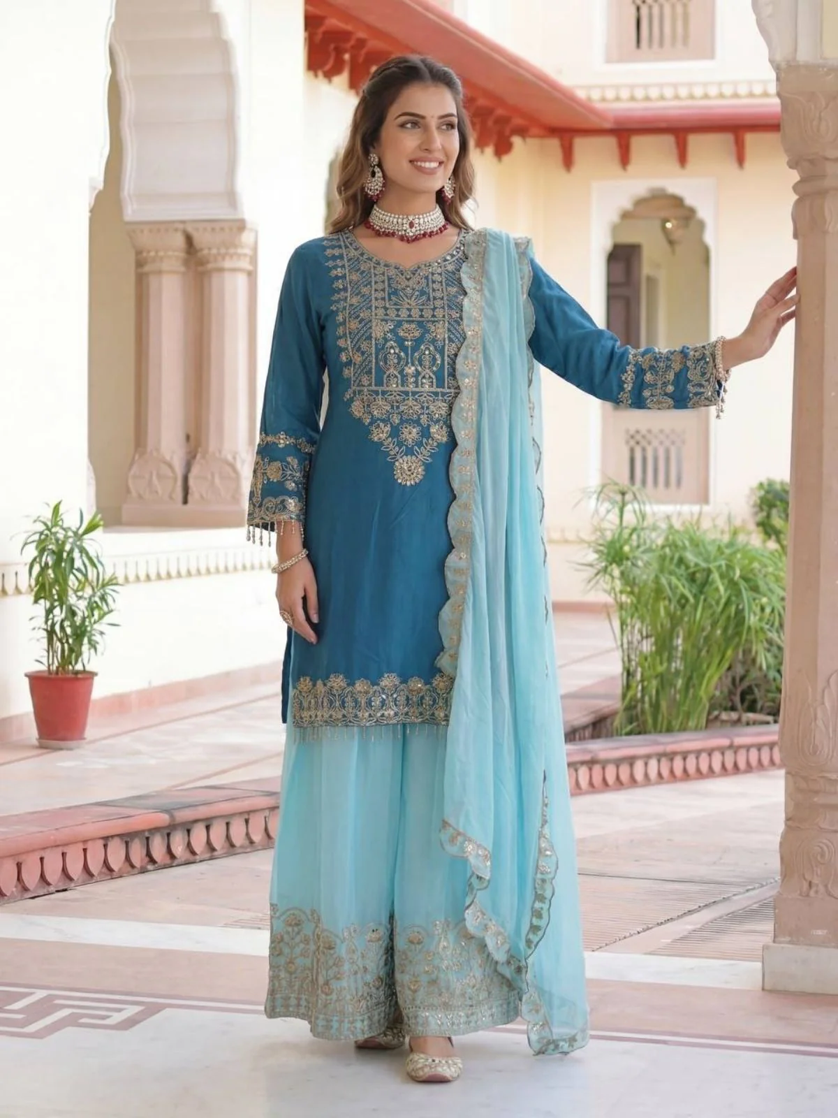 Odette Teal Blue Chinon Solid Stitched Kurta Set For Women - Image 2