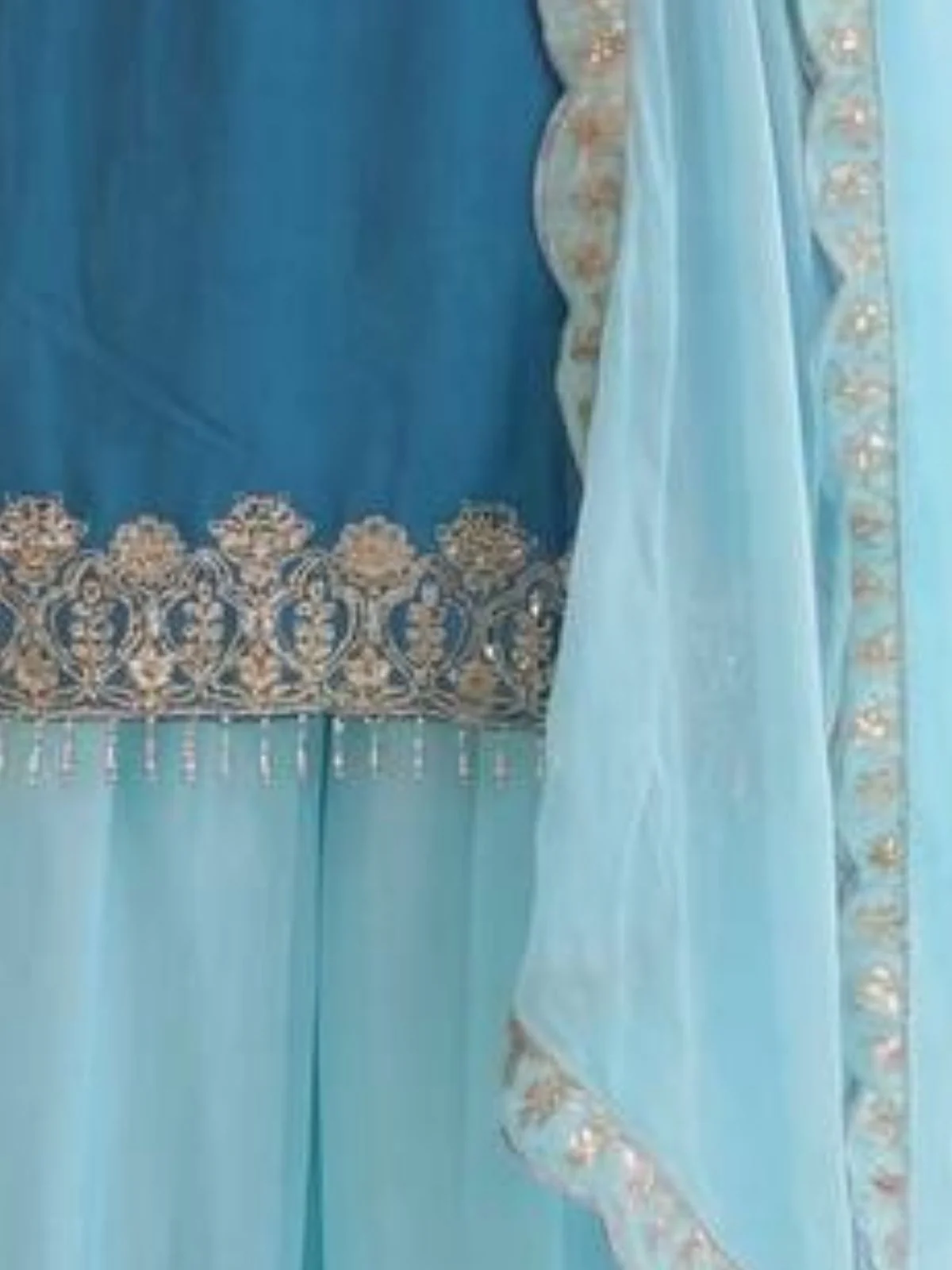 Odette Teal Blue Chinon Solid Stitched Kurta Set For Women - Image 5