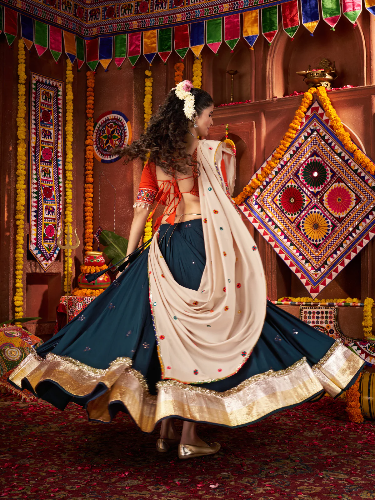Odette Teal Blue Cotton Blend Embroidered Semi-Stitched lehenga For Women - Image 5