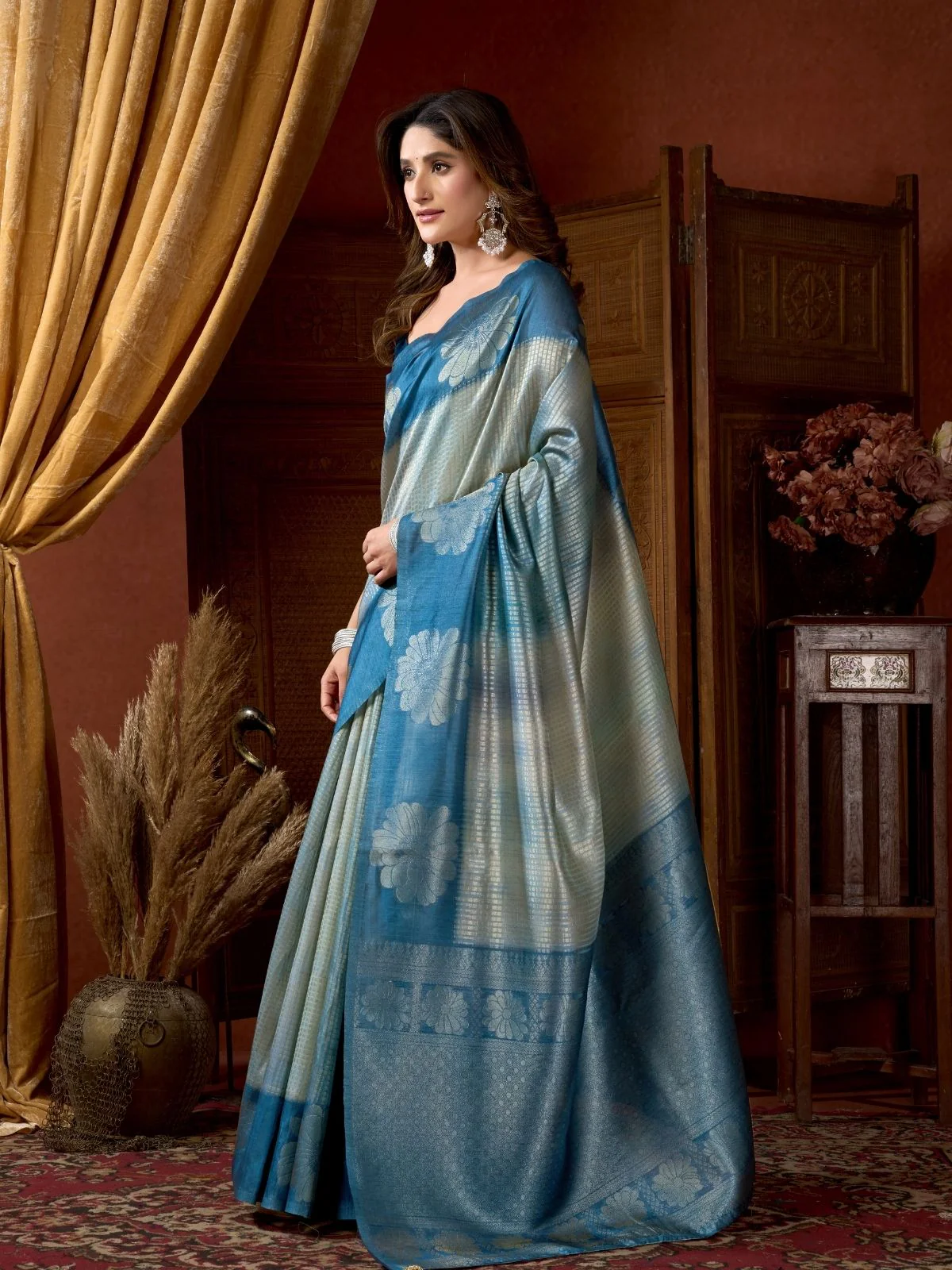 Odette Teal Blue Cotton Blend Printed Saree For Women - Image 2