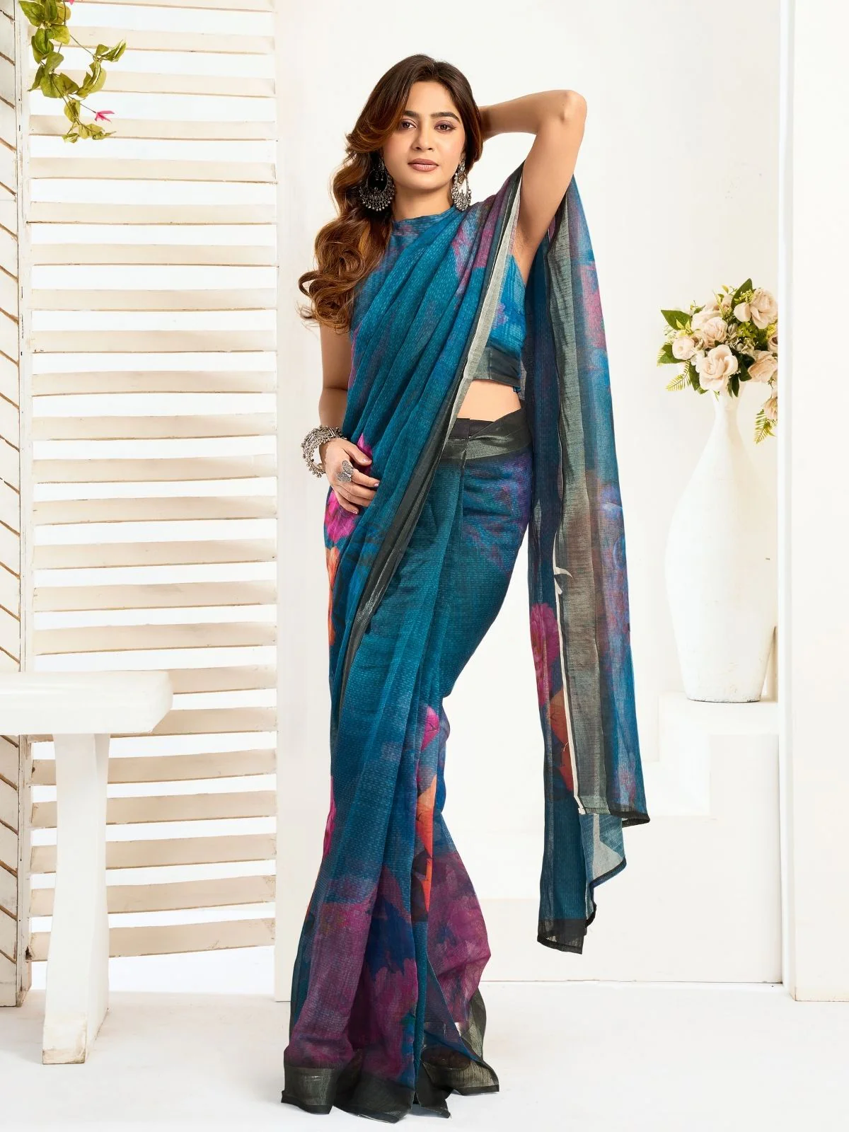 Odette Teal Blue Cotton Linen Zari Work Saree For Women - Image 3