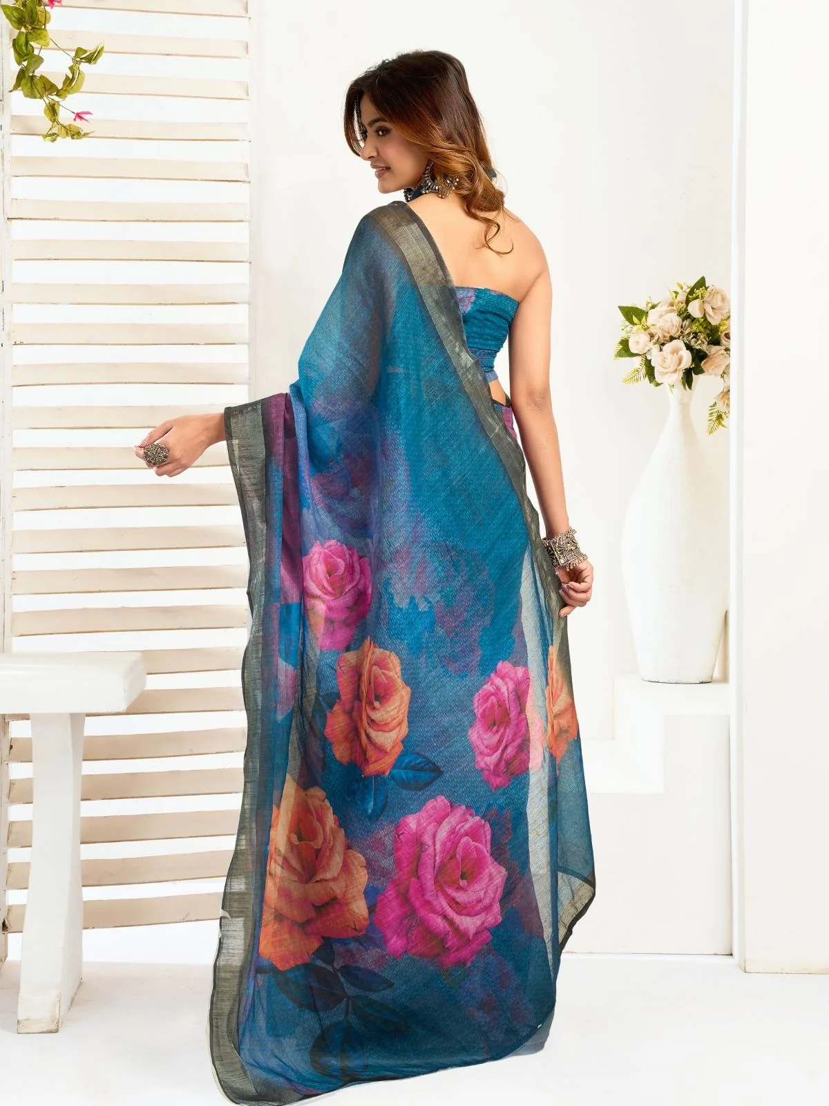 Odette Teal Blue Cotton Linen Zari Work Saree For Women - Image 4