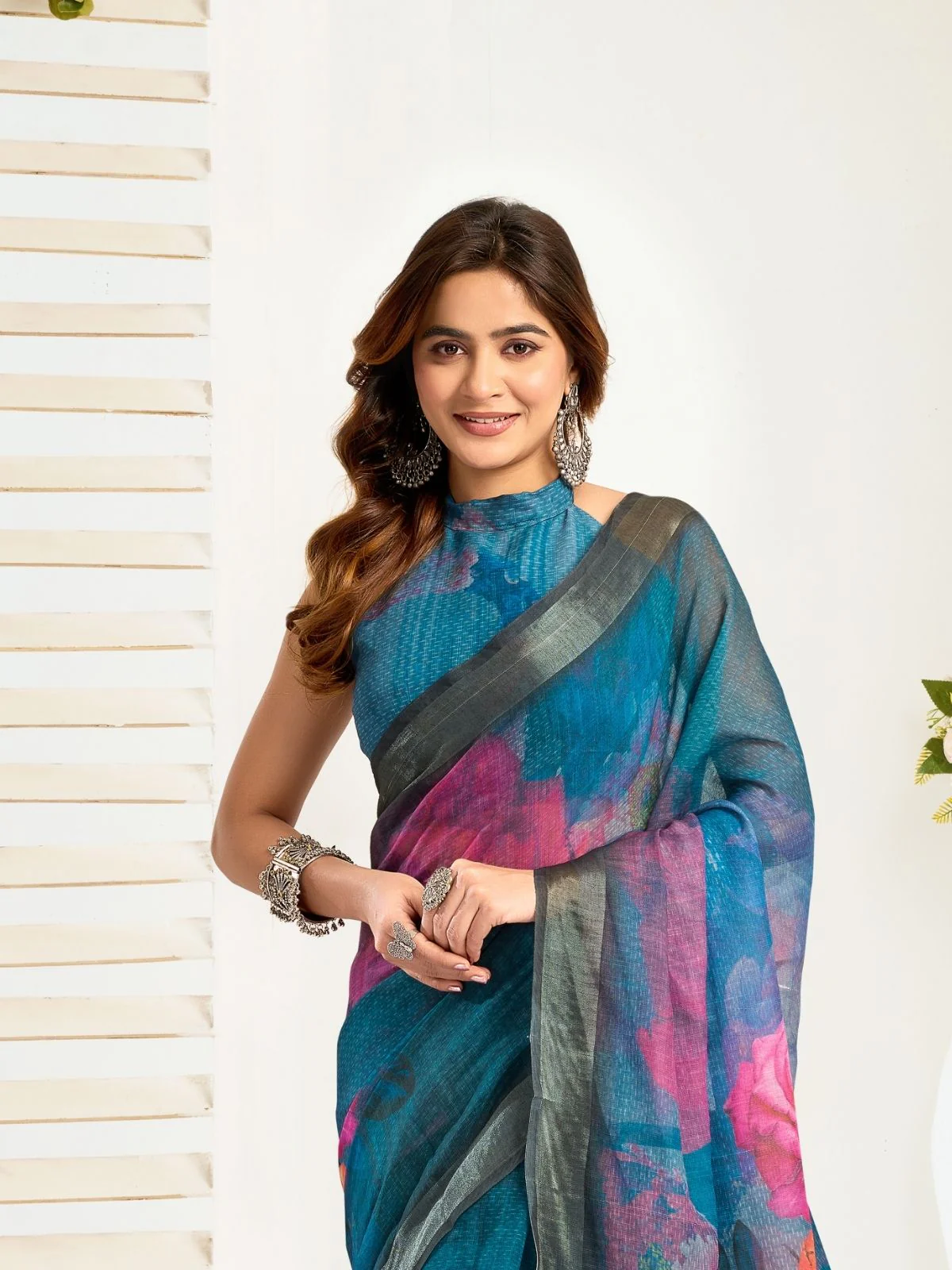 Odette Teal Blue Cotton Linen Zari Work Saree For Women - Image 5