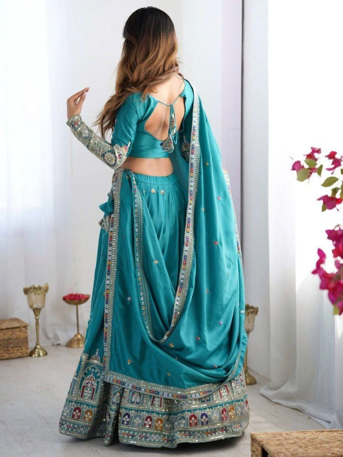 Odette Teal Blue Crepe Embellished Semi Stitched Lehenga For Women - Image 3