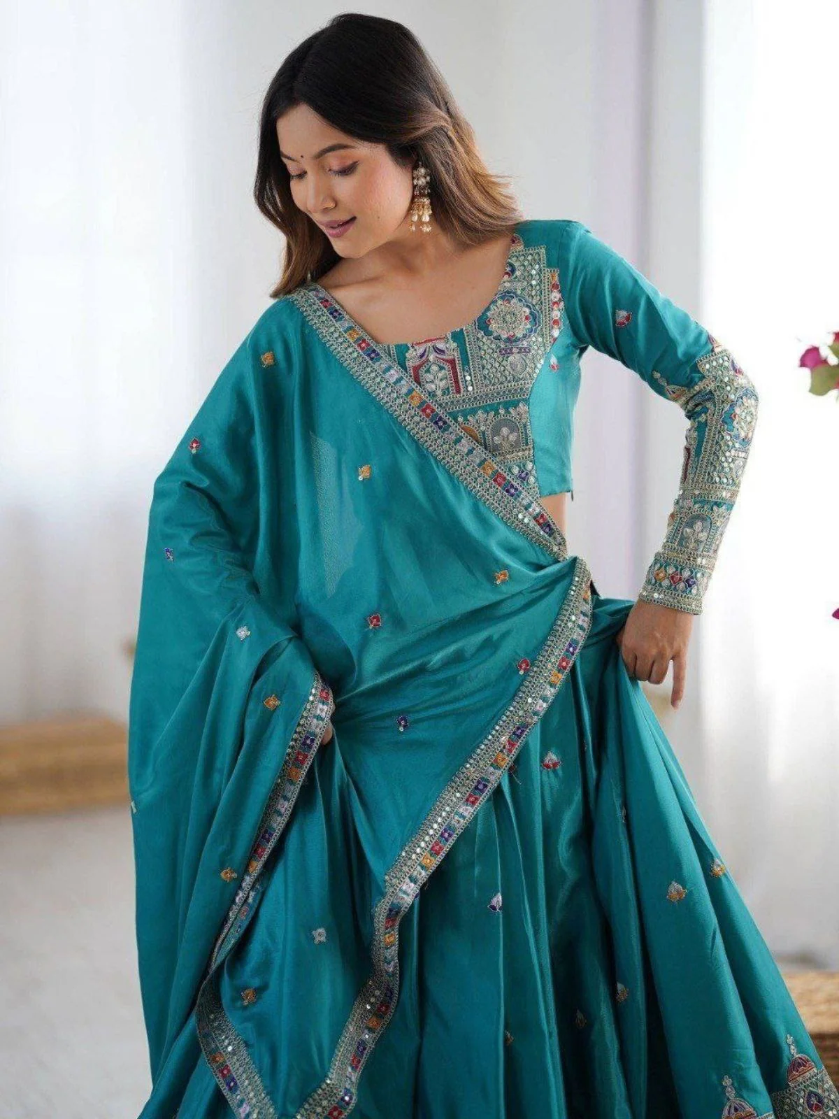 Odette Teal Blue Crepe Embellished Semi Stitched Lehenga For Women - Image 4