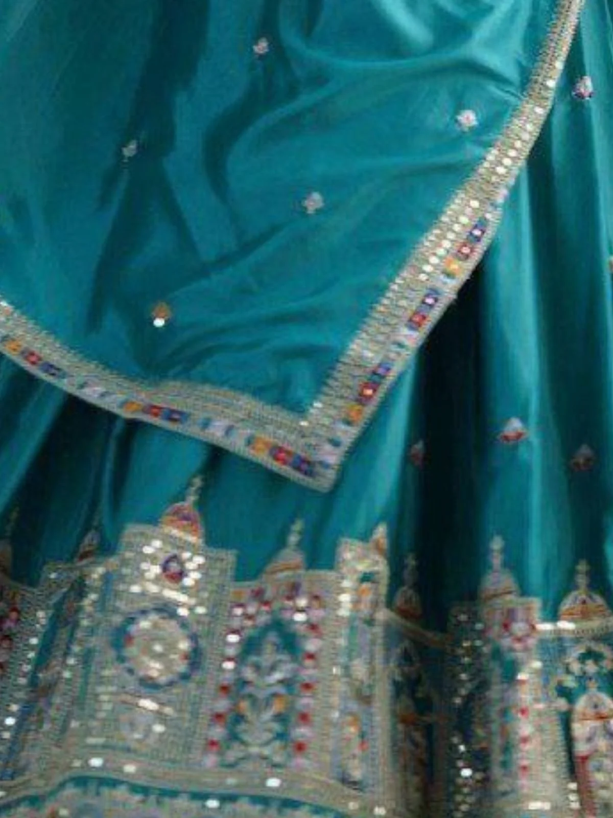 Odette Teal Blue Crepe Embellished Semi Stitched Lehenga For Women - Image 5