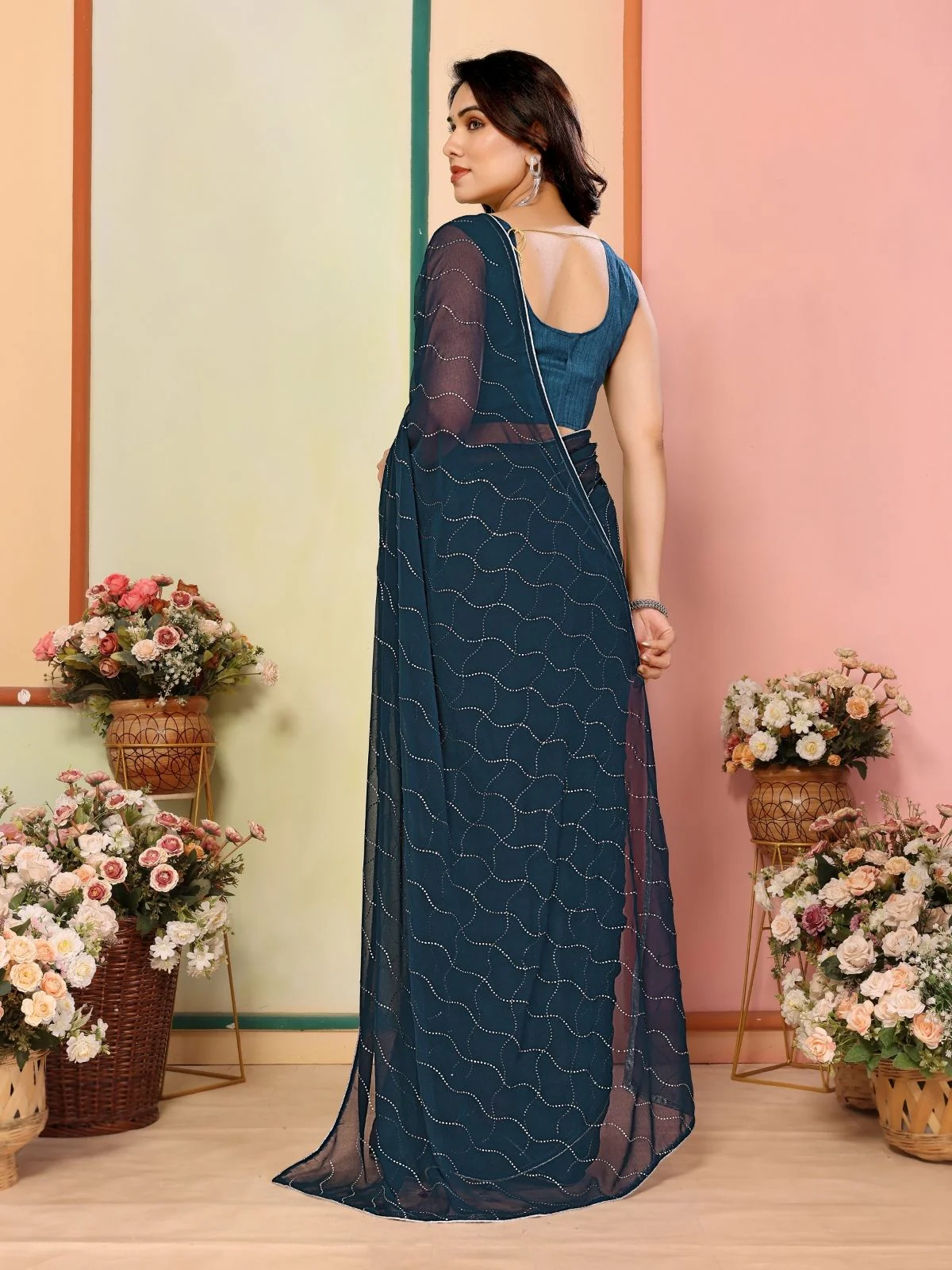 Odette Teal Blue Georgette Embellished Saree For Women - Image 3
