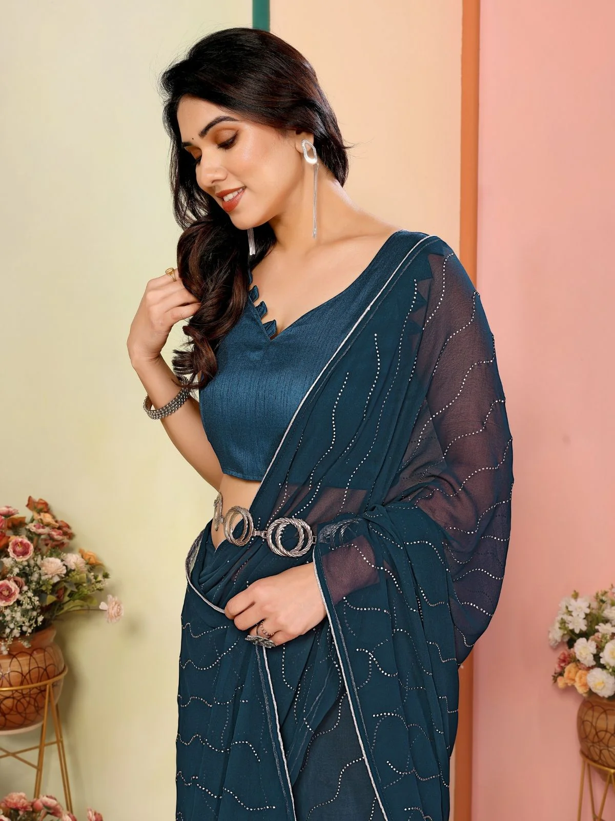 Odette Teal Blue Georgette Embellished Saree For Women - Image 4