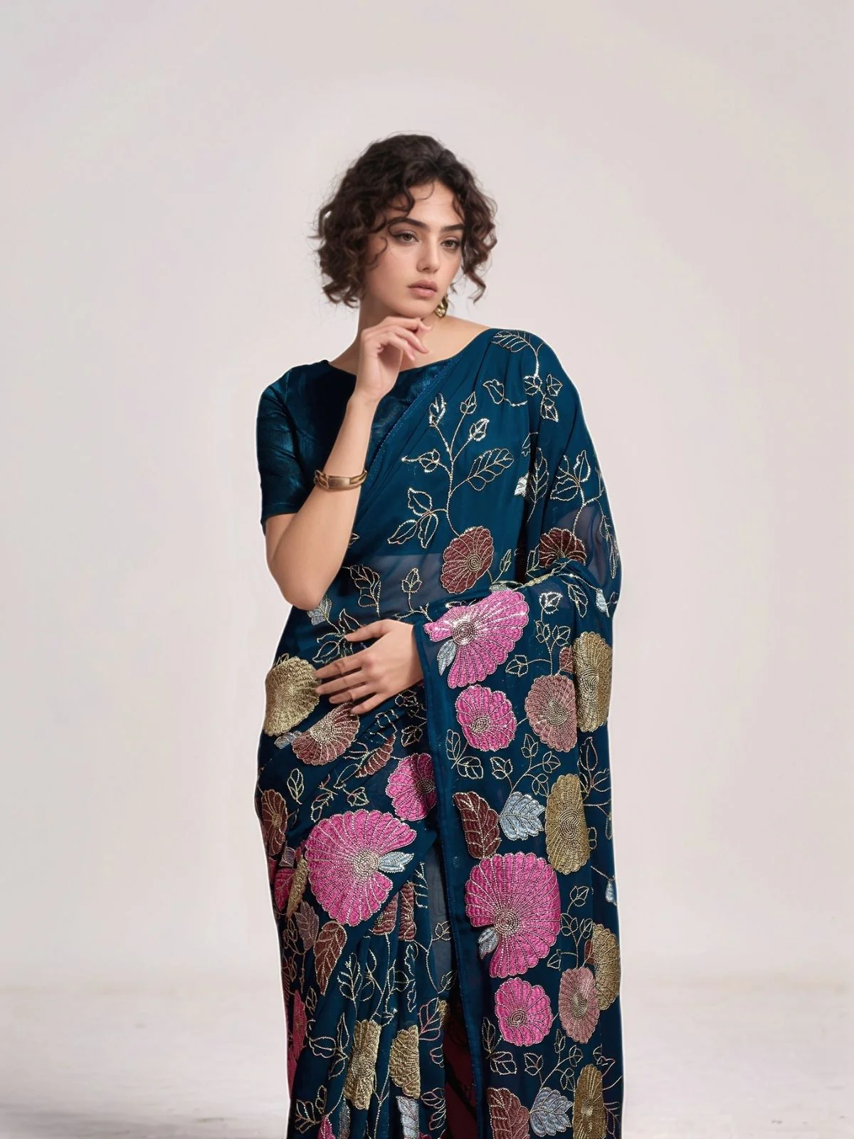 Odette Teal Blue Georgette Embellished Saree For Women - Image 2