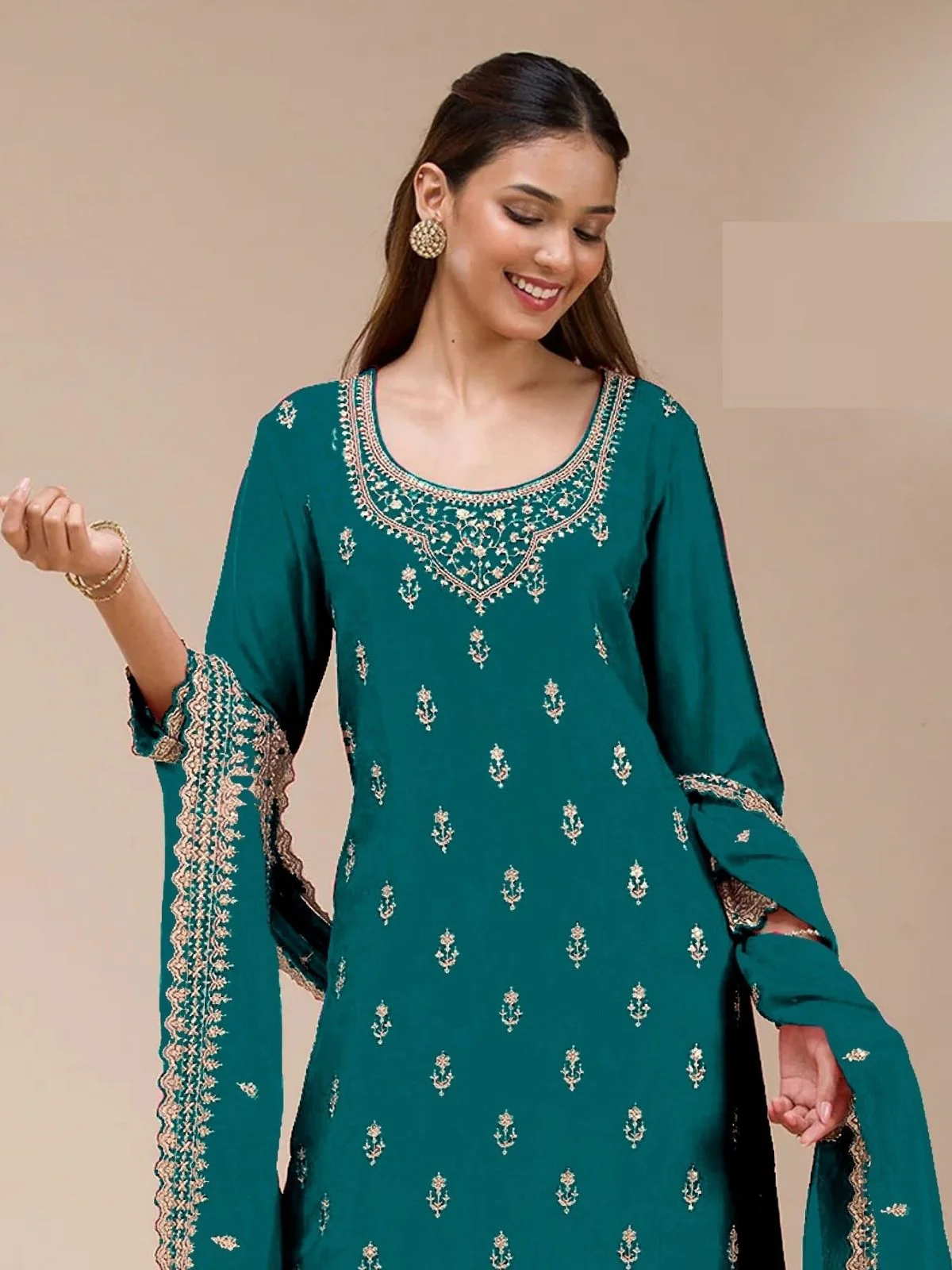 Odette Teal Blue Georgette Embellished Semi Stitched Kurta Set For Women - Image 2