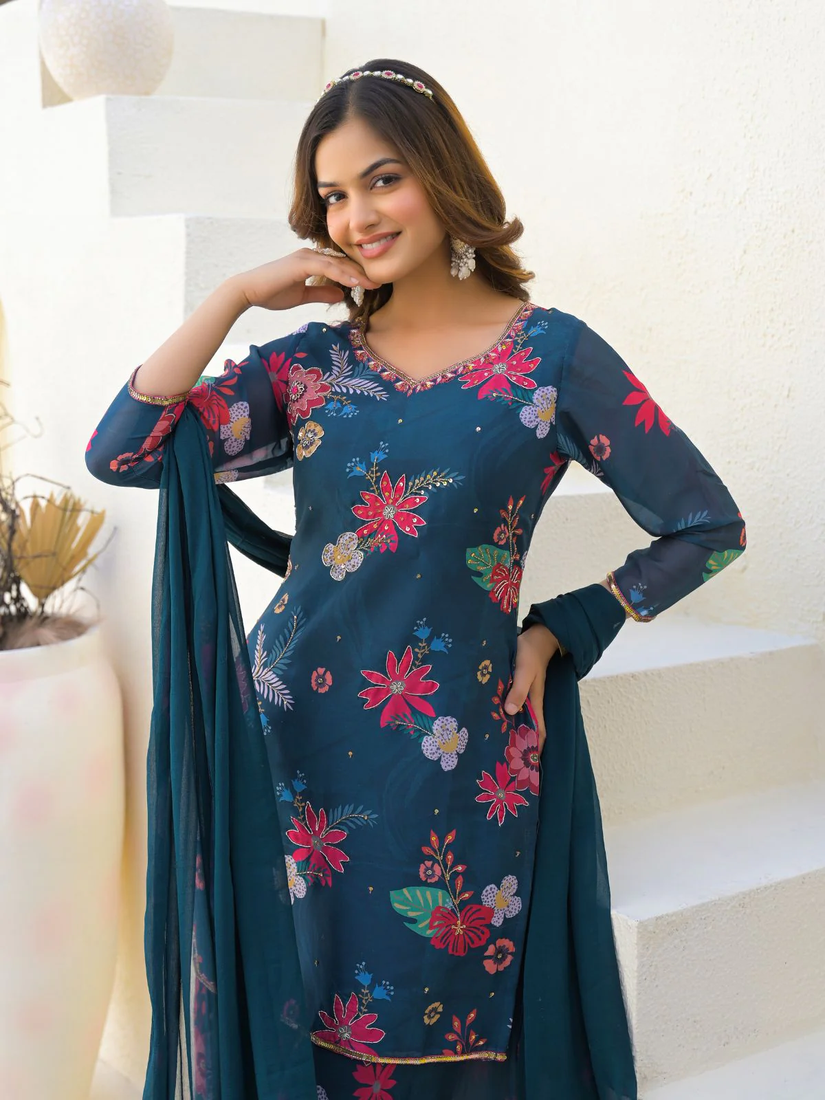 Odette Teal Blue Georgette Embellished Stiched Kurta Set For Women - Image 3