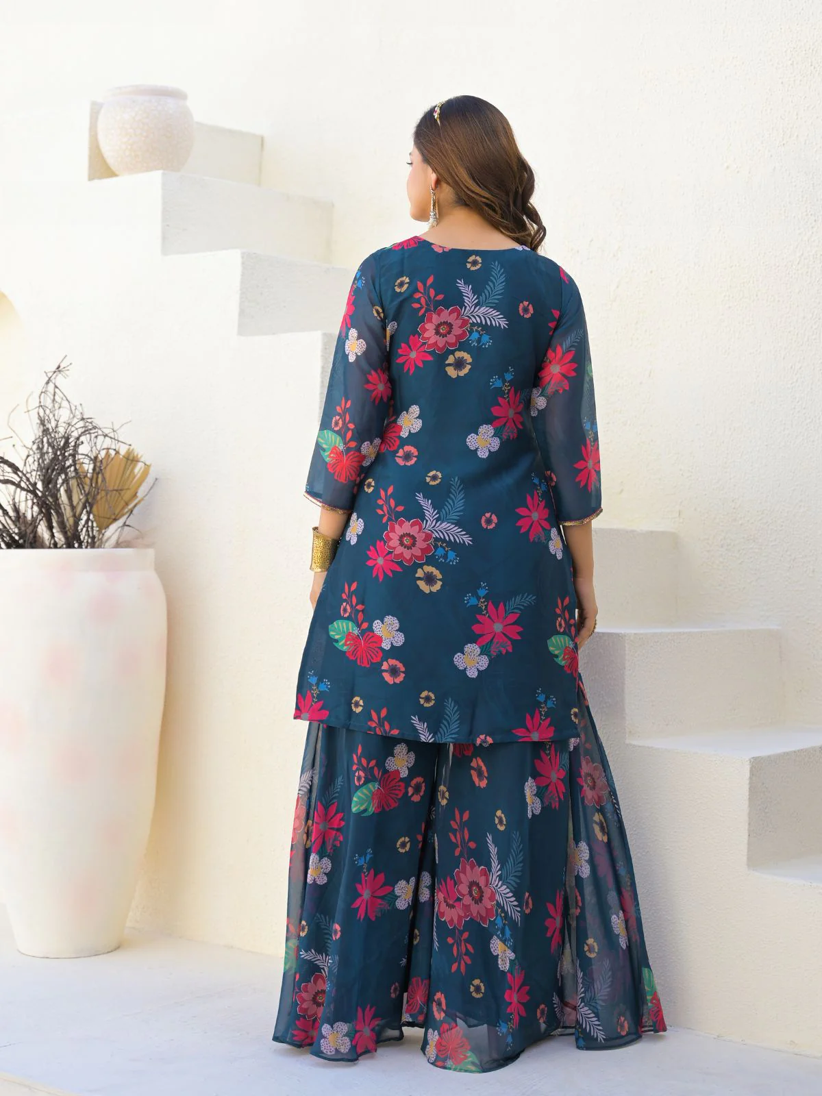 Odette Teal Blue Georgette Embellished Stiched Kurta Set For Women - Image 4