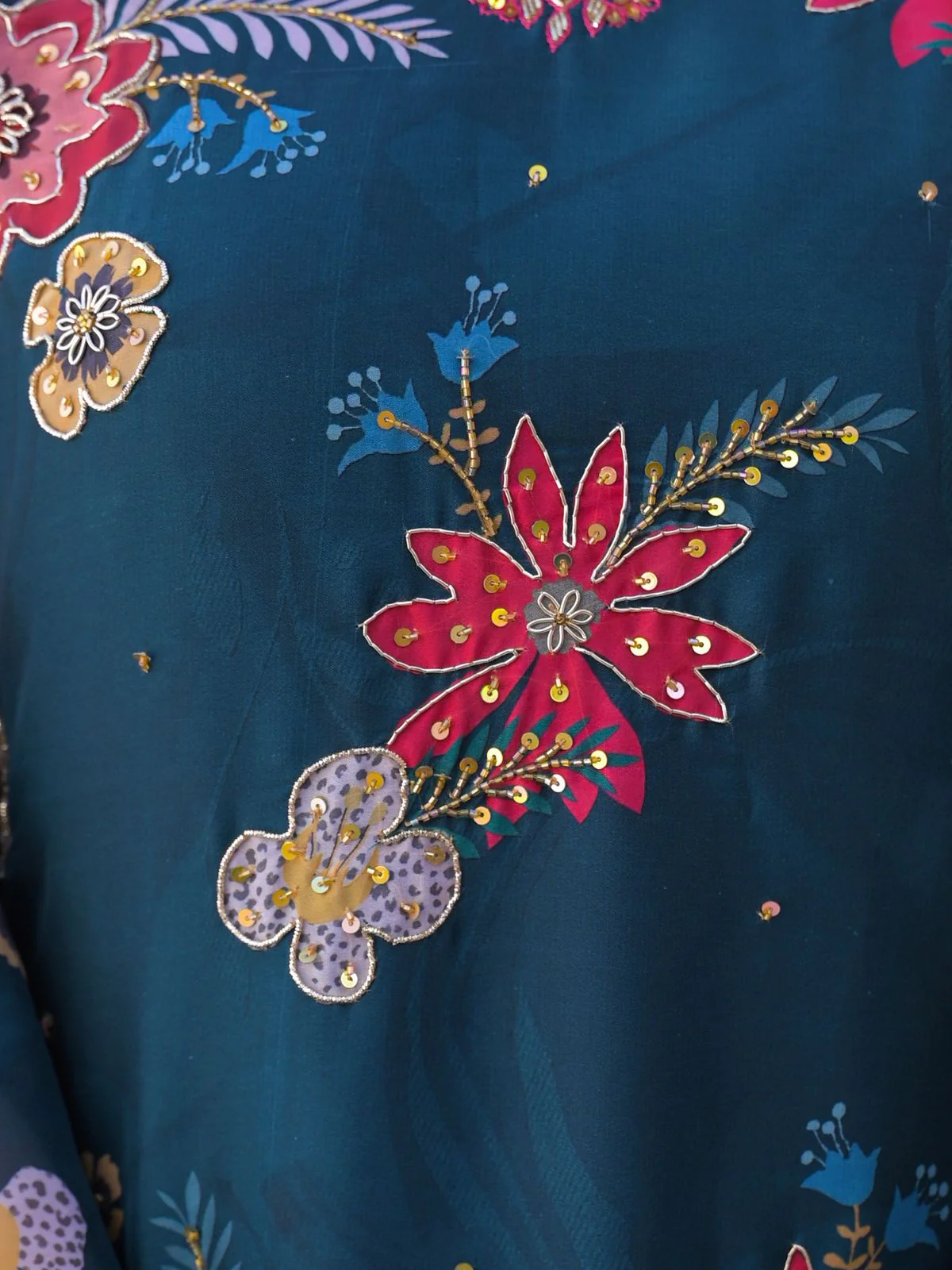 Odette Teal Blue Georgette Embellished Stiched Kurta Set For Women - Image 5