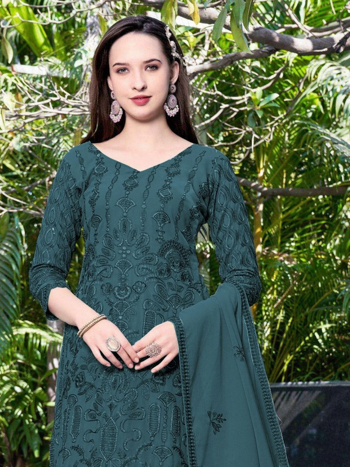 Odette Teal Blue Georgette Embroidered & Cutwork Semi-Sitched Kurta Set For Women - Image 2