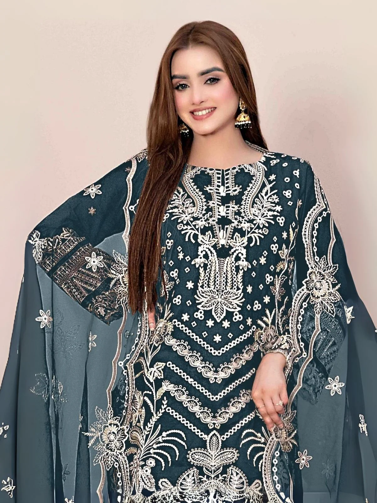 Odette Teal Blue Georgette Embroidered & Cutwork Semi-Sitched Kurta Set For Women - Image 2