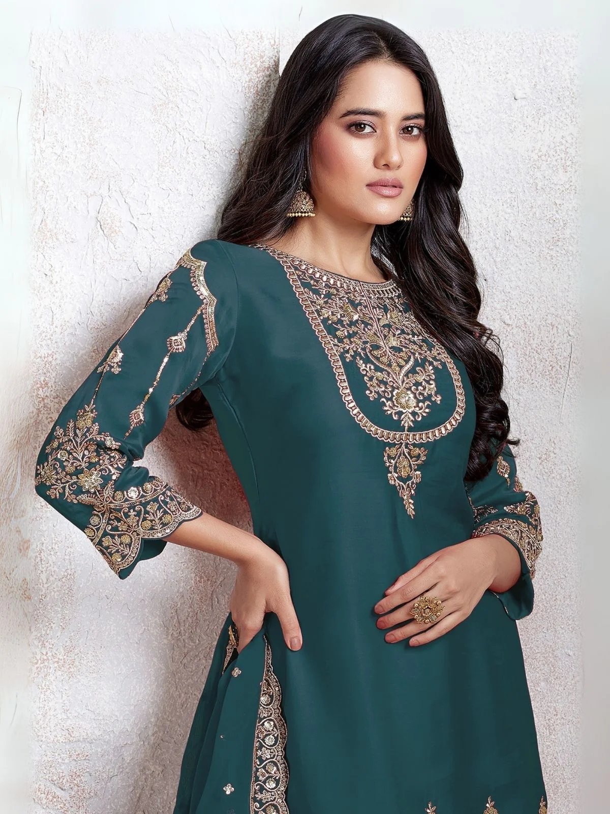 Odette Teal Blue Georgette Embroidered & Cutwork Semi-Sitched Kurta Set For Women - Image 2