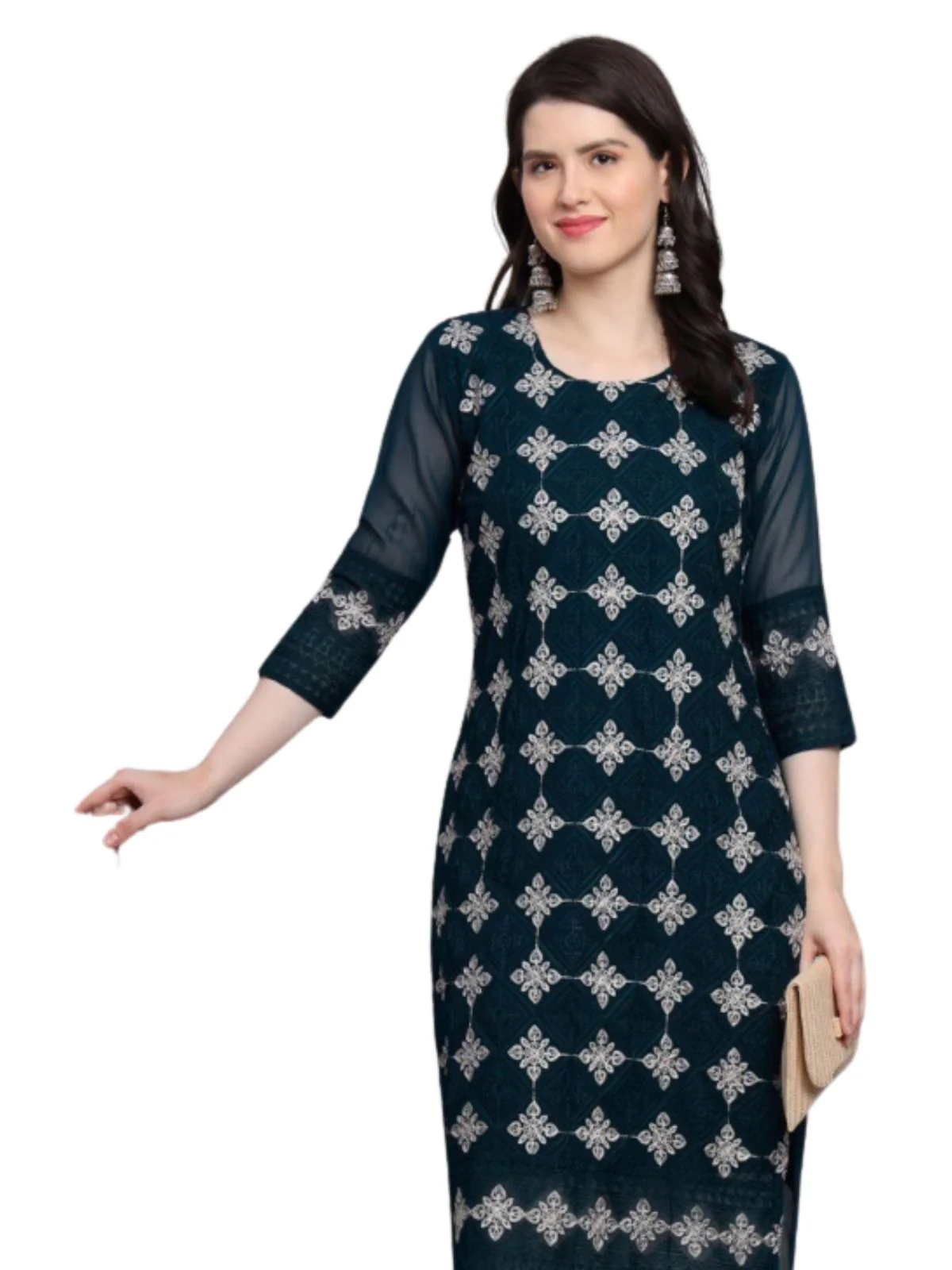 Odette Teal Blue Georgette Embroidered Kurti For Women - Image 2