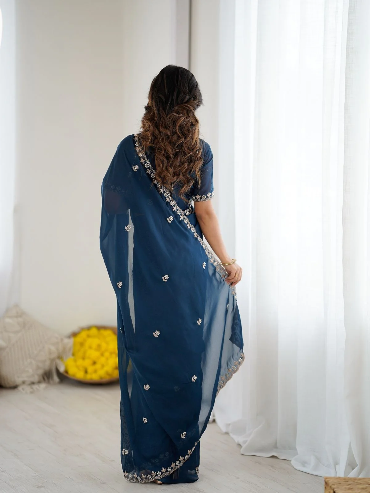Odette Teal Blue Georgette Embroidered Saree For Women - Image 3