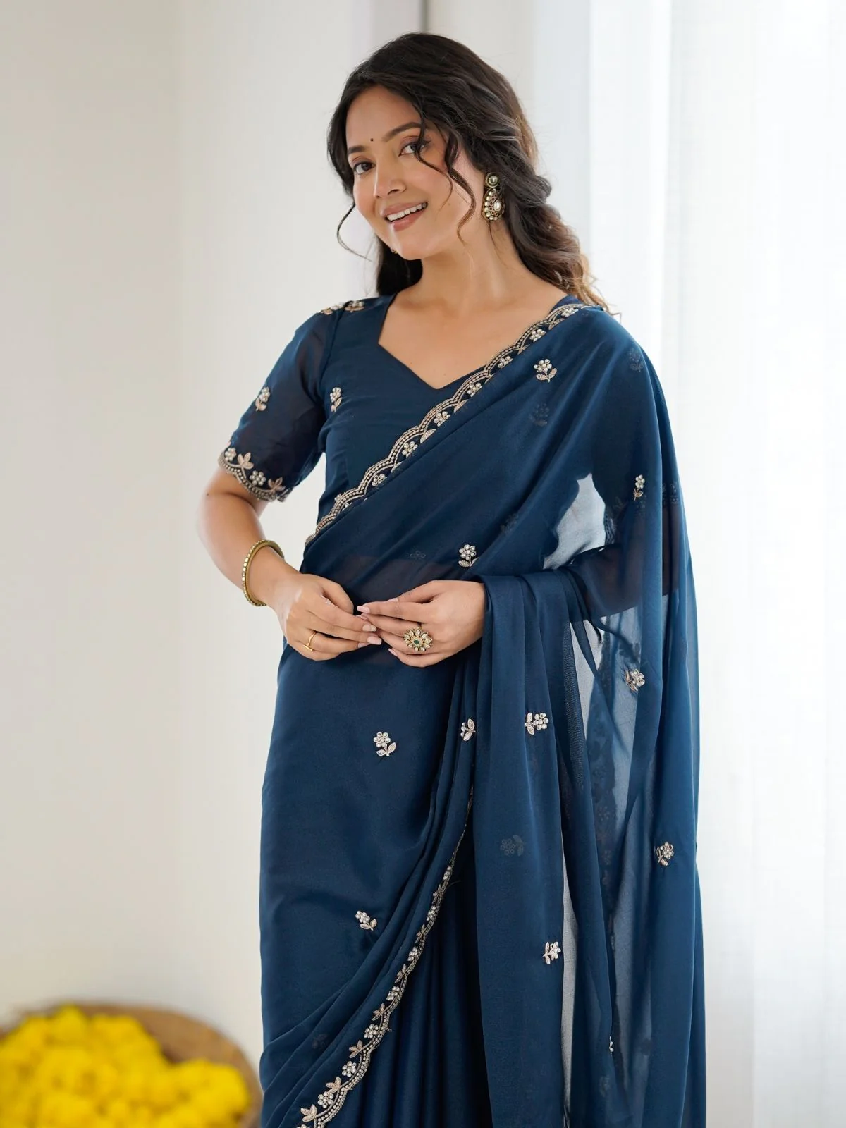 Odette Teal Blue Georgette Embroidered Saree For Women - Image 4