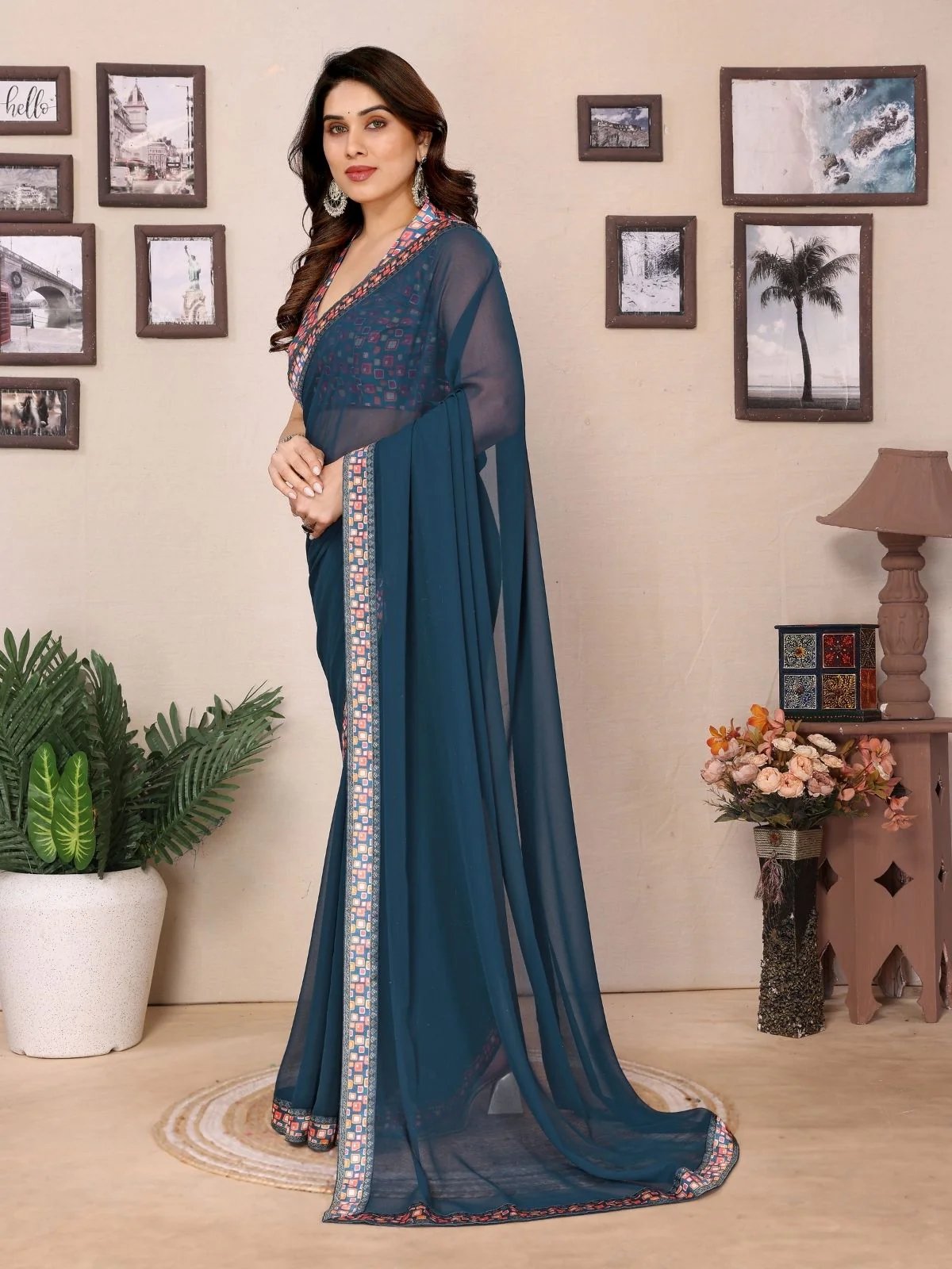 Odette Teal Blue Georgette Embroidered Saree For Women - Image 2