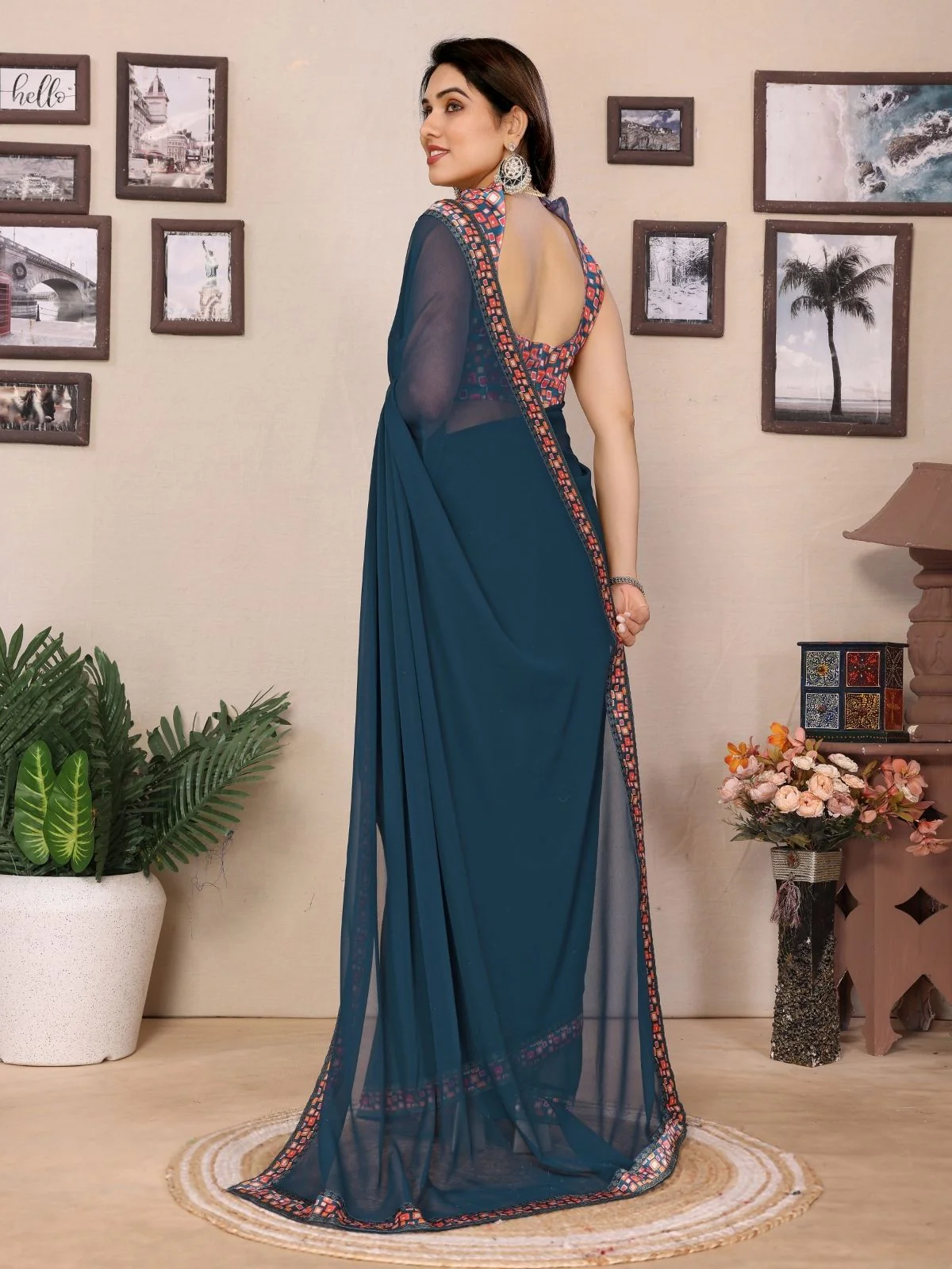 Odette Teal Blue Georgette Embroidered Saree For Women - Image 3