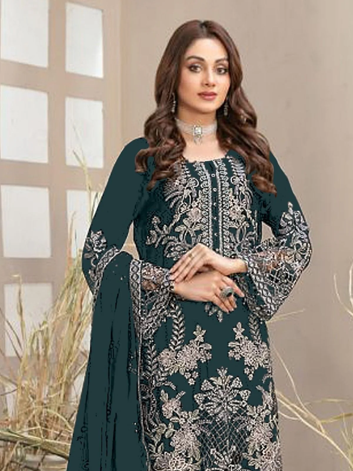 Odette Teal Blue Georgette Embroidered Semi-Sitched Kurta Set For Women - Image 2