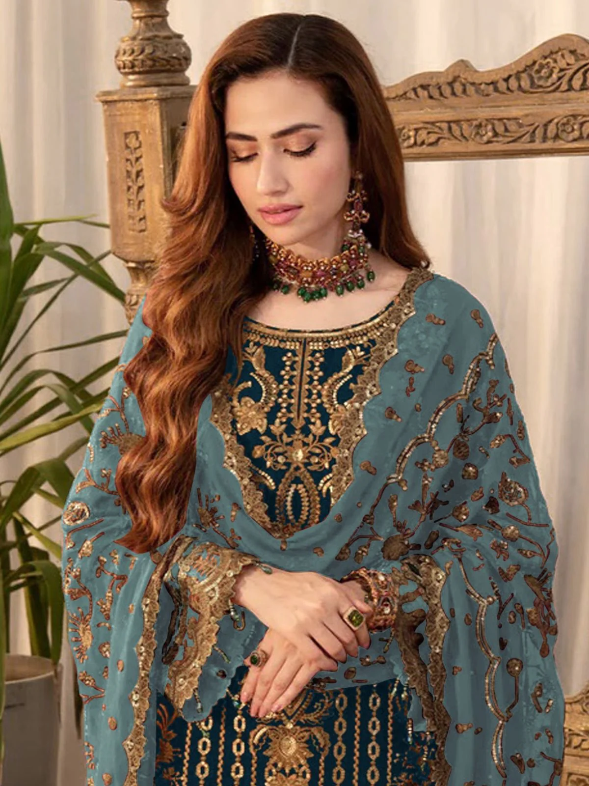Odette Teal Blue Georgette Embroidered Semi-Stitched Kurta Set For Women - Image 2
