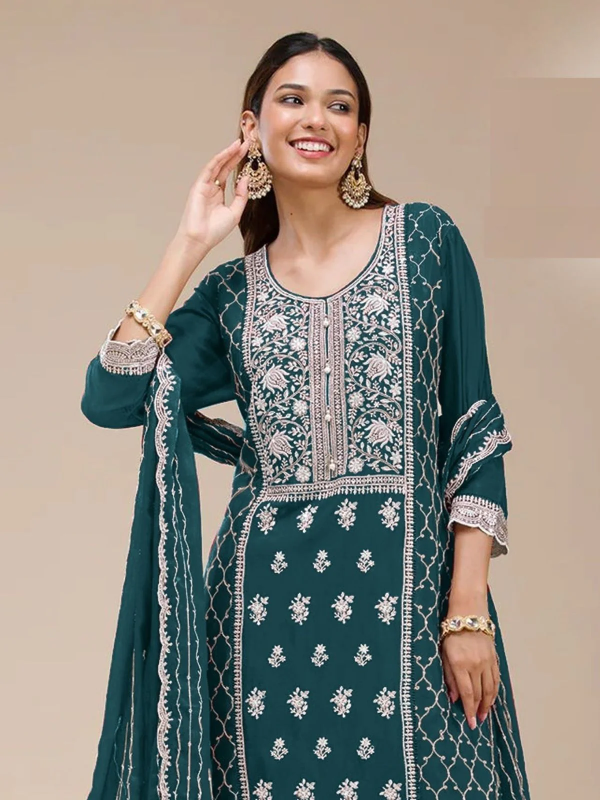 Odette Teal Blue Georgette Embroidered Semi Stitched Kurta Set For Women - Image 2