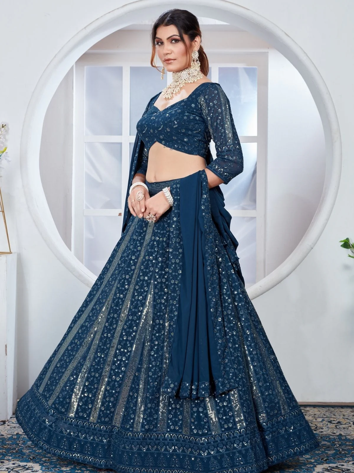 Odette Teal Blue Georgette Embroidered Semi-Stitched Lehenga For Women - Image 3