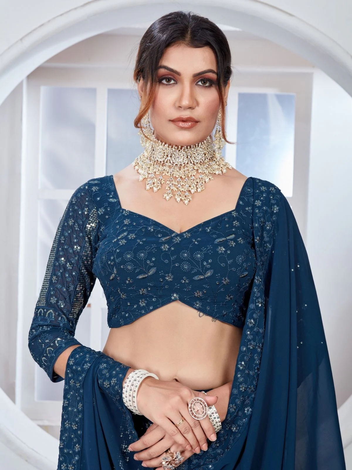 Odette Teal Blue Georgette Embroidered Semi-Stitched Lehenga For Women - Image 4