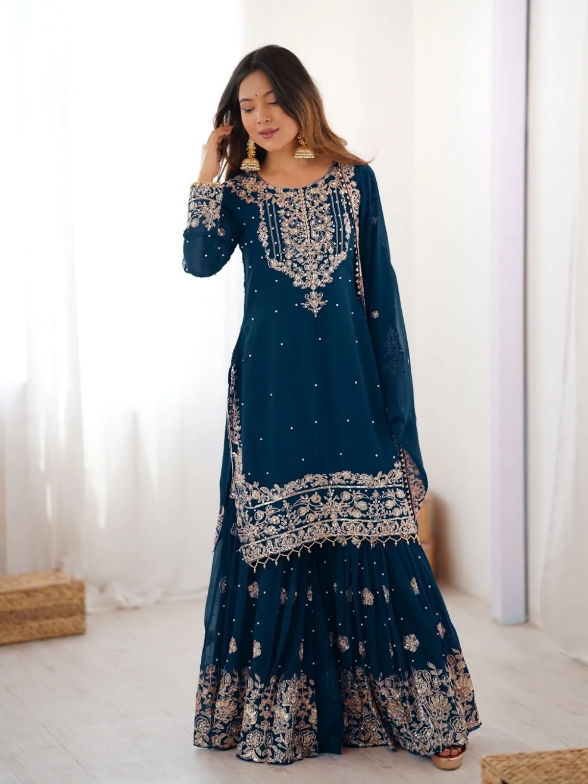 Odette Teal Blue Georgette Embroidered Stitched Kurta Set For Women - Image 2