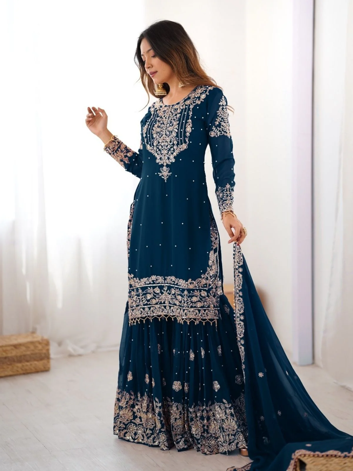 Odette Teal Blue Georgette Embroidered Stitched Kurta Set For Women - Image 4