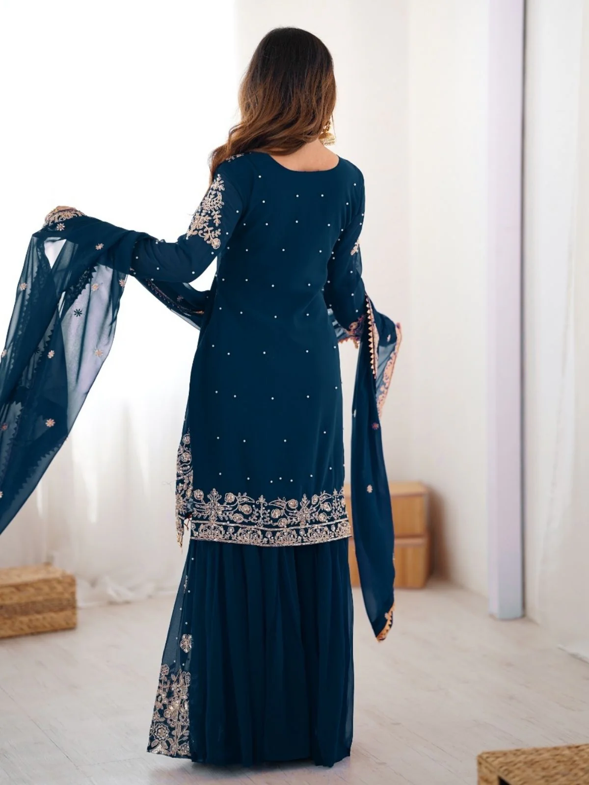 Odette Teal Blue Georgette Embroidered Stitched Kurta Set For Women - Image 5