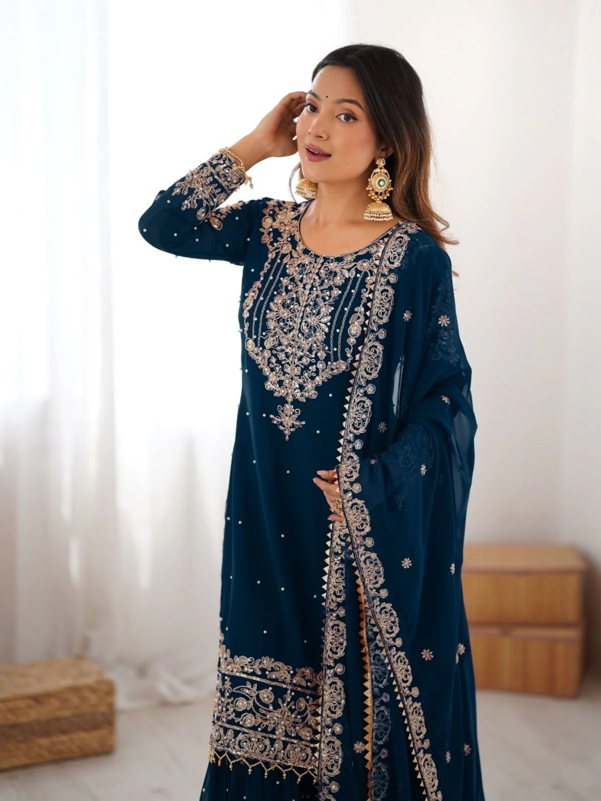 Odette Teal Blue Georgette Embroidered Stitched Kurta Set For Women - Image 6