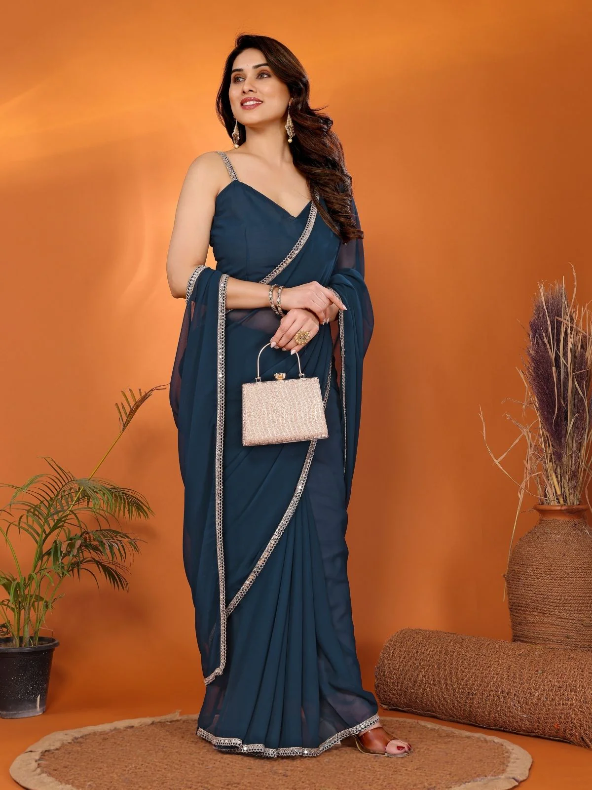 Odette Teal Blue Georgette Printed Saree For Women - Image 3