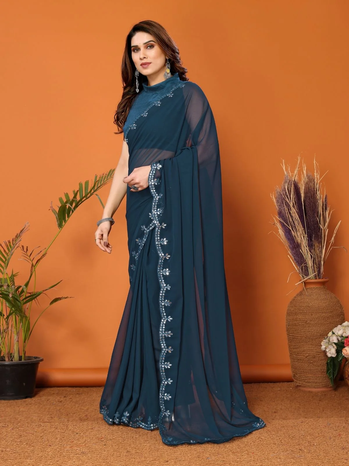 Odette Teal Blue Georgette Printed Saree For Women - Image 2