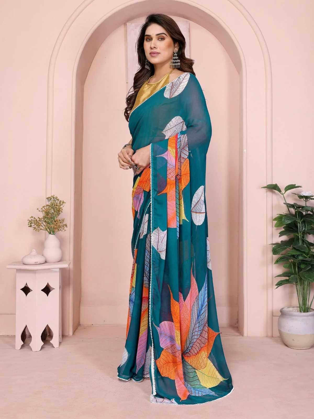 Odette Teal Blue Georgette Printed Saree For Women - Image 2
