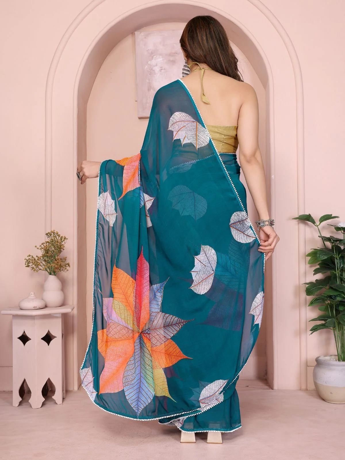 Odette Teal Blue Georgette Printed Saree For Women - Image 3