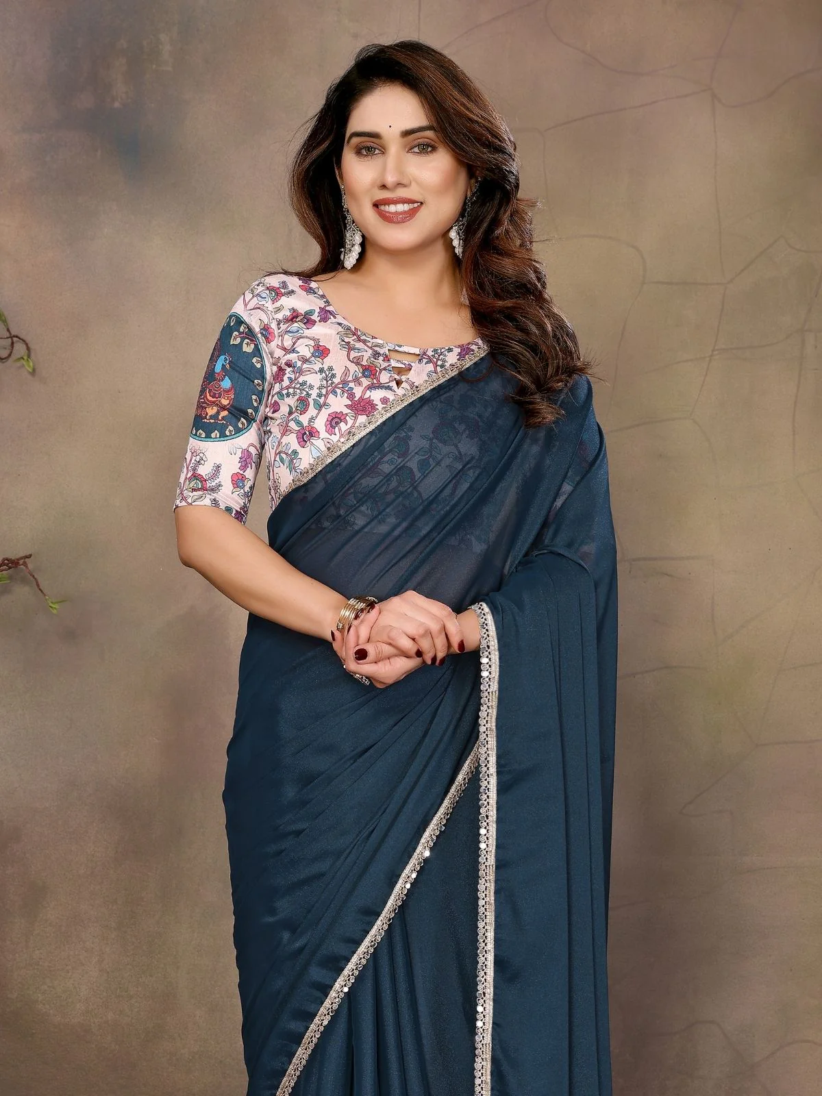 Odette Teal Blue Georgette Solid Saree For Women - Image 4