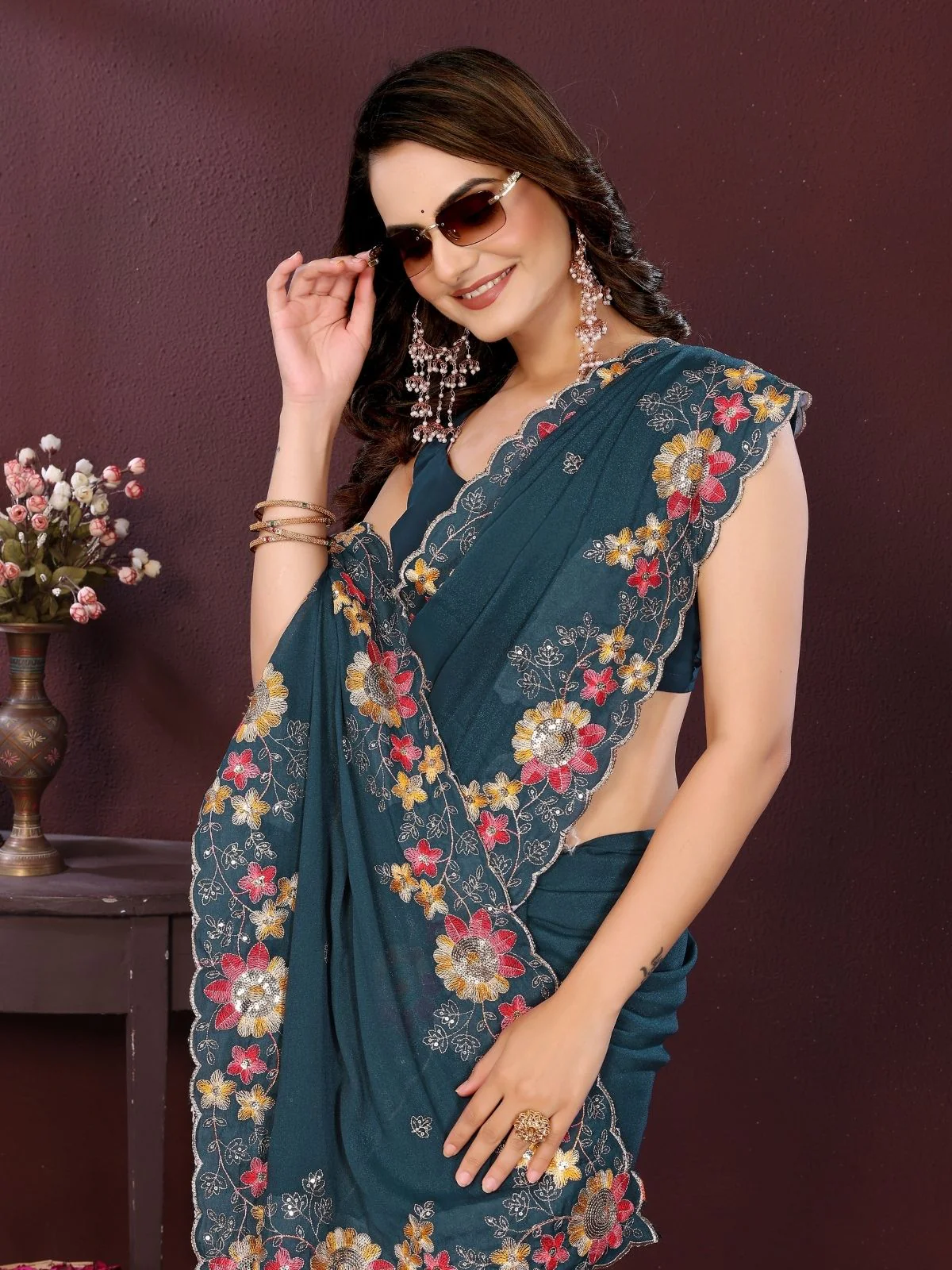 Odette Teal Blue Georgette Solid Saree For Women - Image 4