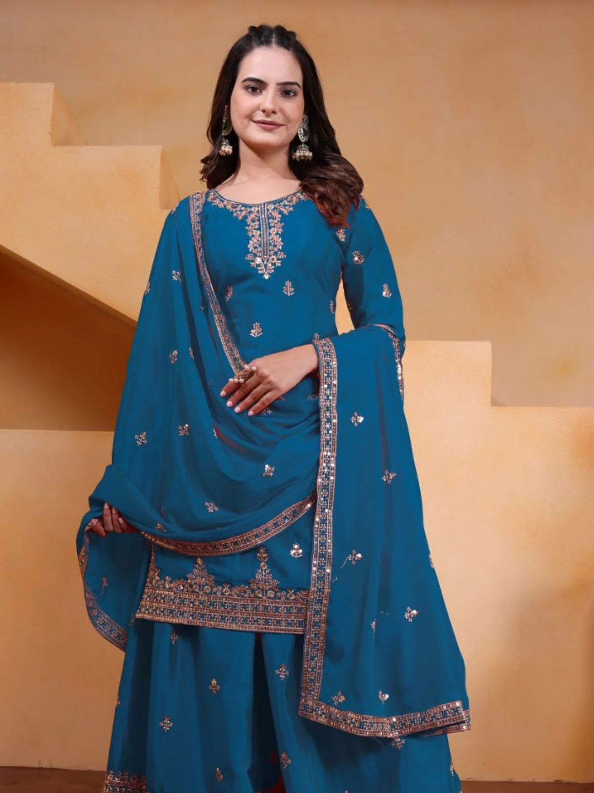 Odette Teal Blue Georgette Solid Stitched Kurta Set For Women - Image 5