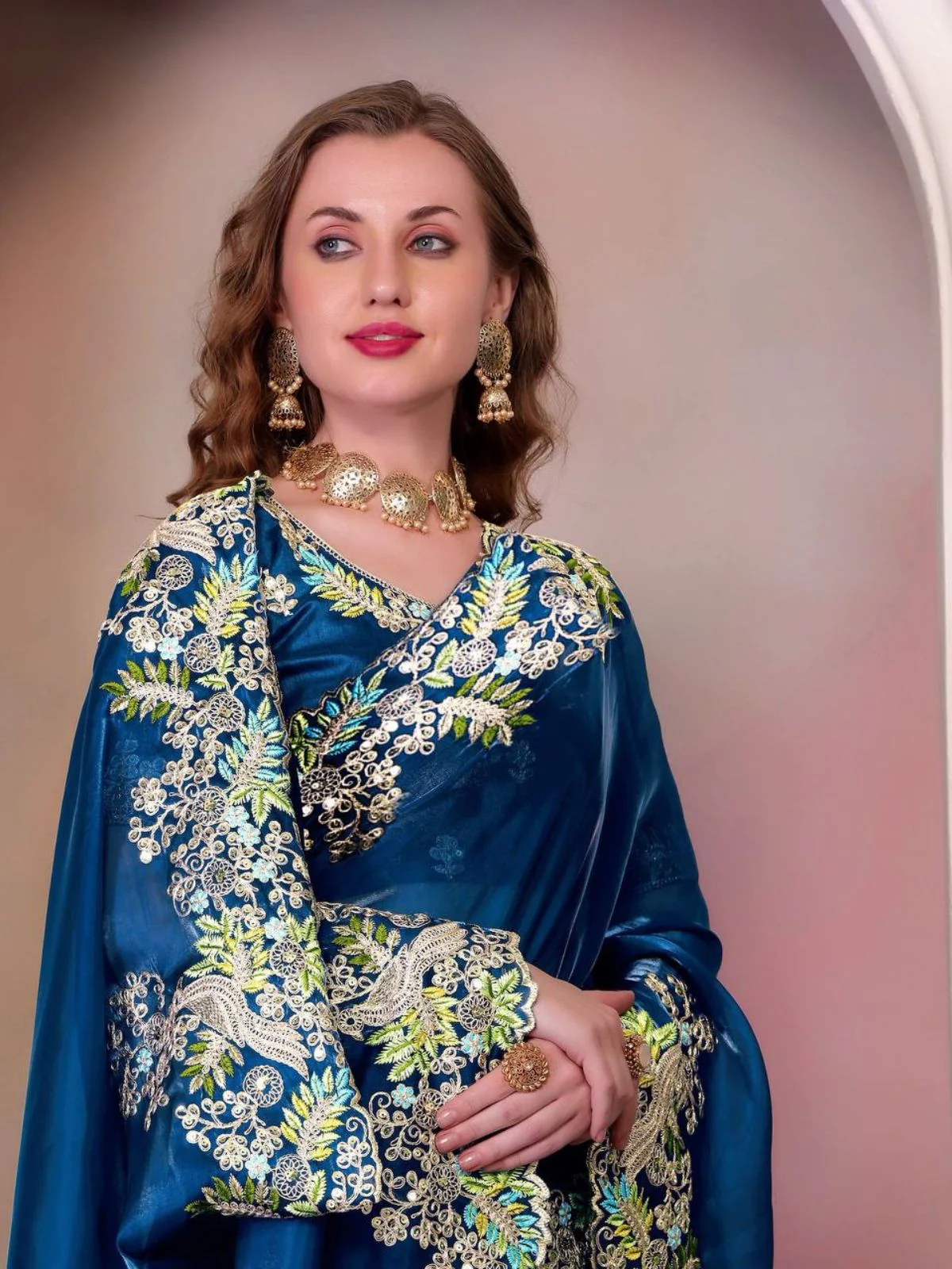 Odette Teal Blue Jimmy Choo Embellished Saree For Women - Image 4