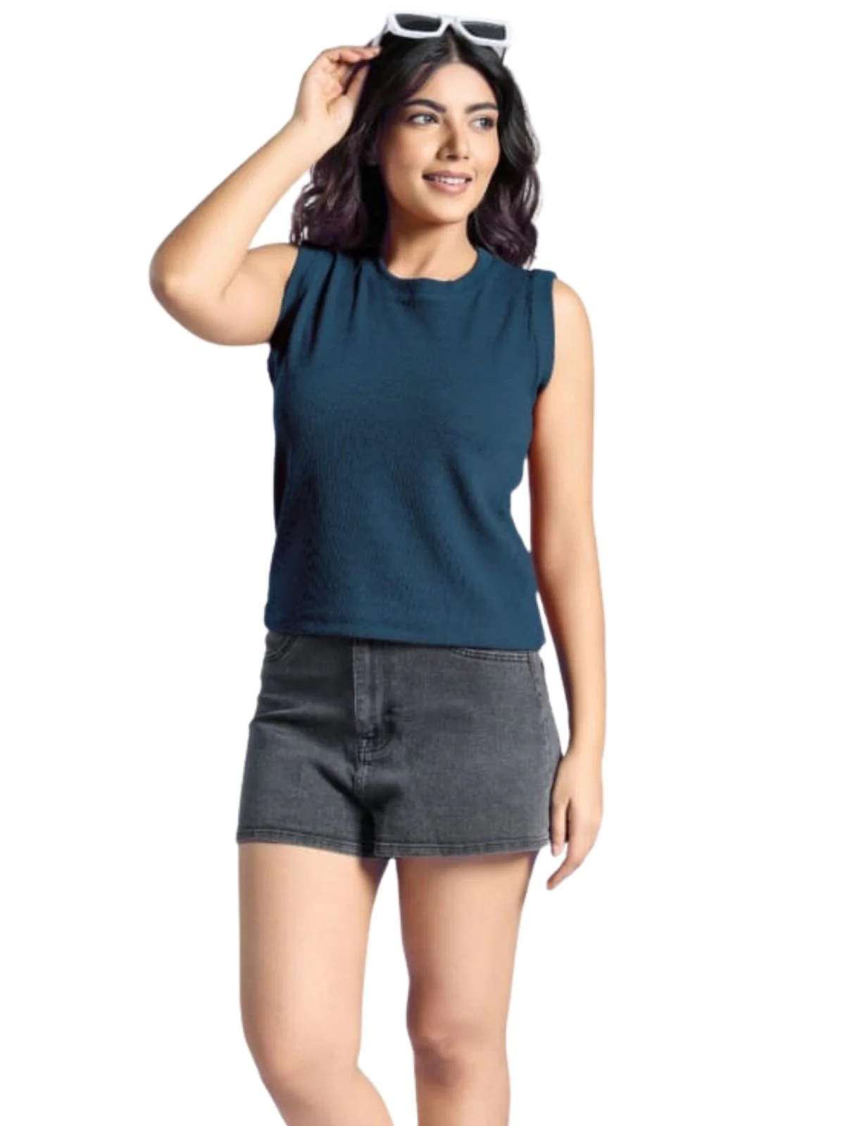 Odette Teal Blue Knited Solid Top For Women - Image 2